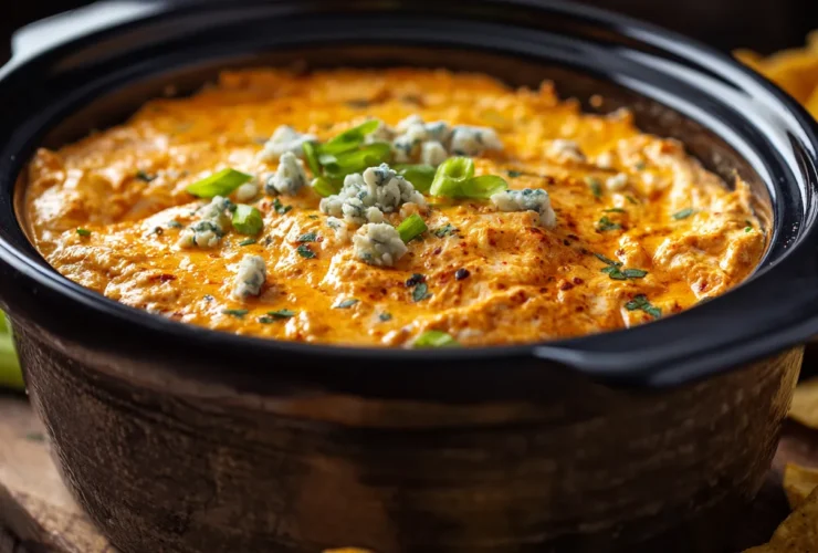 A top-down view of creamy buffalo chicken dip in crock pot surrounded by tortilla chips and celery.