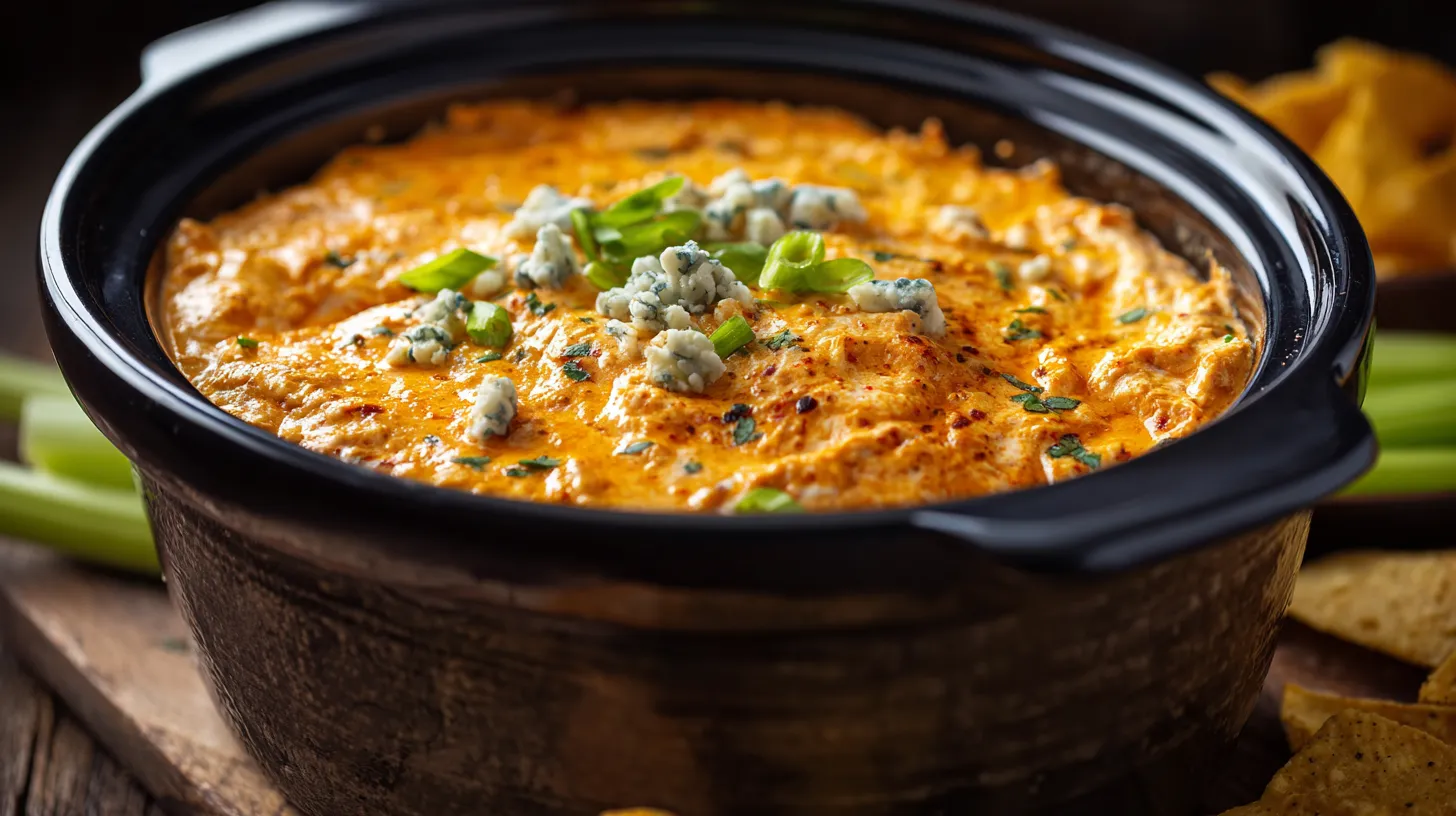 A top-down view of creamy buffalo chicken dip in crock pot surrounded by tortilla chips and celery.