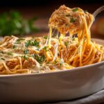 Crockpot chicken spaghetti with creamy cheesy sauce and shredded chicken in a slow cooker
