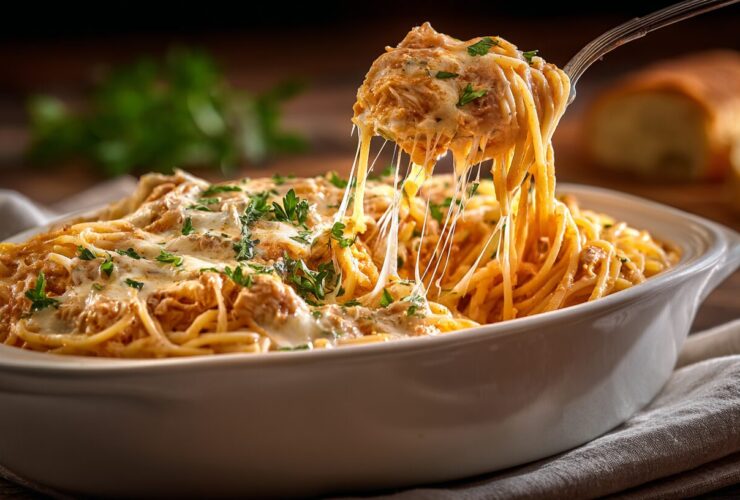 Crockpot chicken spaghetti with creamy cheesy sauce and shredded chicken in a slow cooker