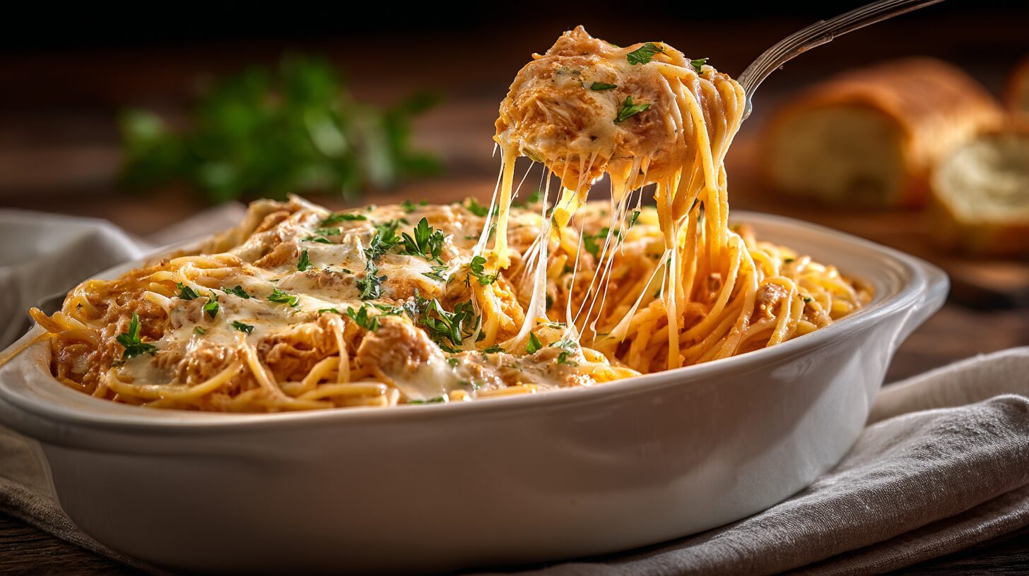 Crockpot chicken spaghetti with creamy cheesy sauce and shredded chicken in a slow cooker