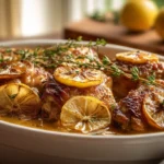 Crockpot lemon chicken with golden brown thighs caramelized lemon slices and fresh thyme in buttery herb sauce