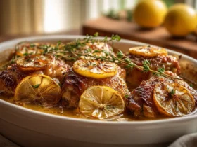 Crockpot lemon chicken with golden brown thighs caramelized lemon slices and fresh thyme in buttery herb sauce
