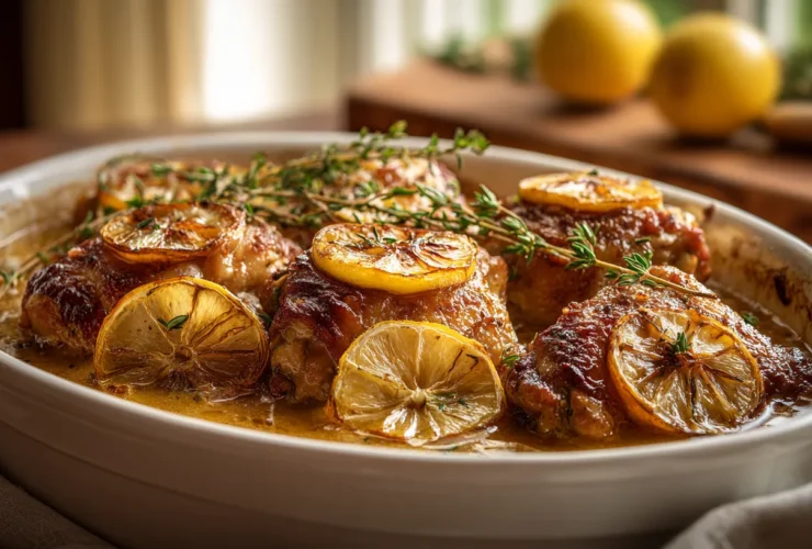 Crockpot lemon chicken with golden brown thighs caramelized lemon slices and fresh thyme in buttery herb sauce