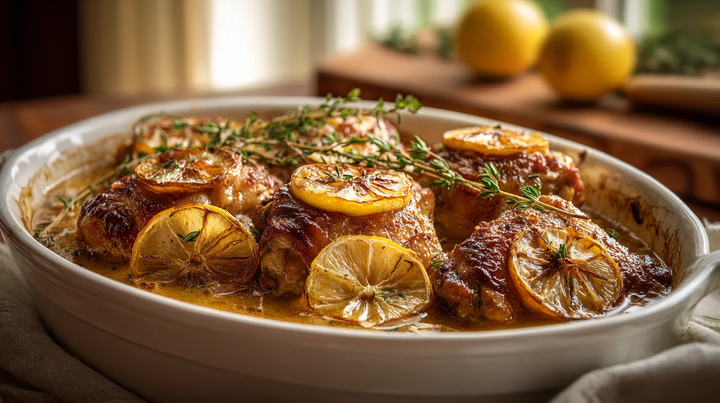 Crockpot lemon chicken with golden brown thighs caramelized lemon slices and fresh thyme in buttery herb sauce