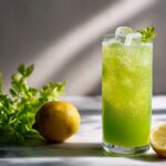 Fresh celery juice recipe in a tall glass with ice celery stalks and lemon on marble counter