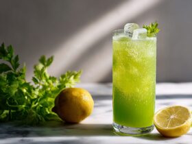Fresh celery juice recipe in a tall glass with ice celery stalks and lemon on marble counter