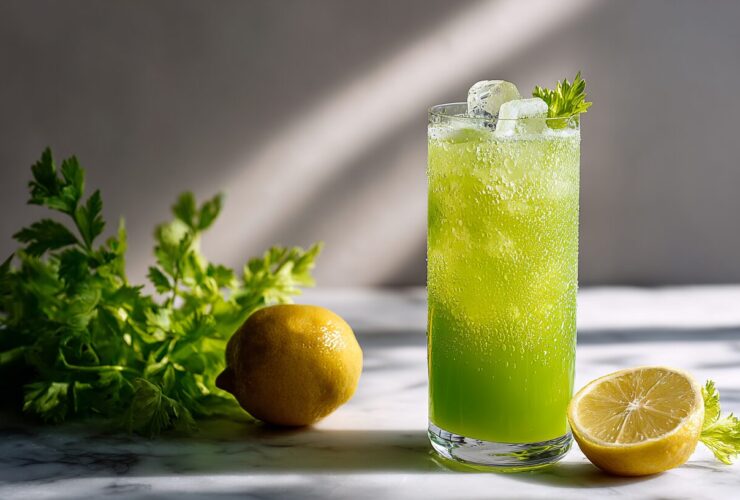 Fresh celery juice recipe in a tall glass with ice celery stalks and lemon on marble counter