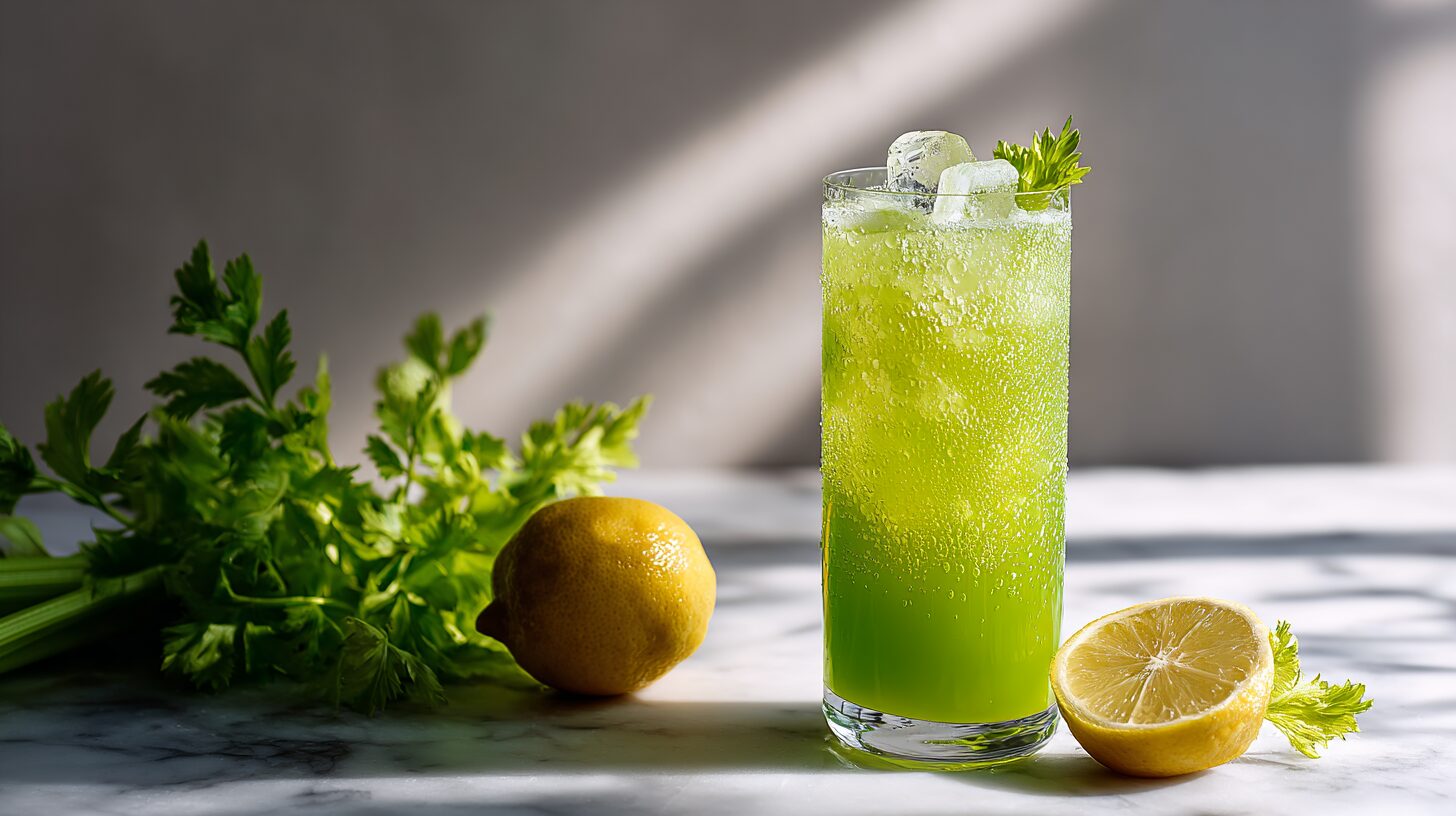 Fresh celery juice recipe in a tall glass with ice celery stalks and lemon on marble counter