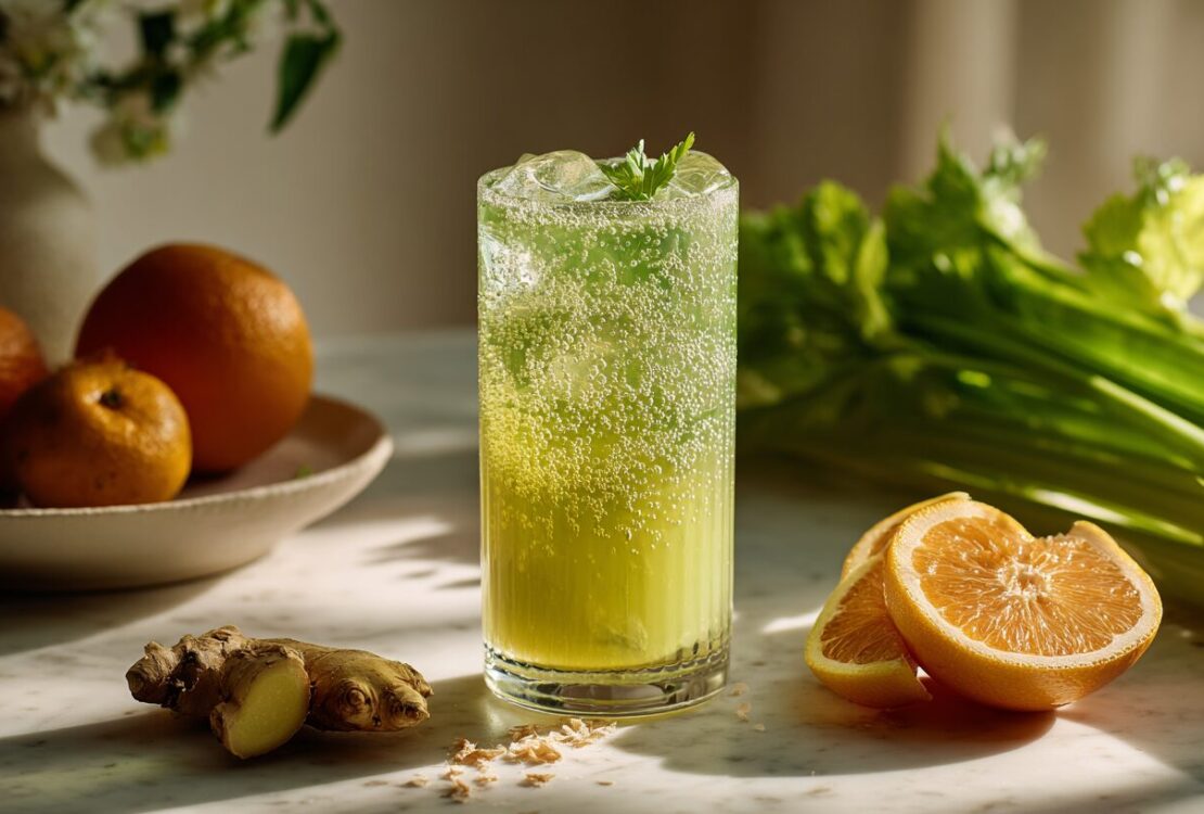 Fresh celery fruit juice recipe in a tall glass with ice celery stalks apple and orange on marble counter