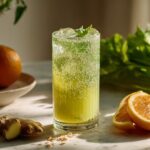 Fresh celery fruit juice recipe in a tall glass with ice celery stalks apple and orange on marble counter