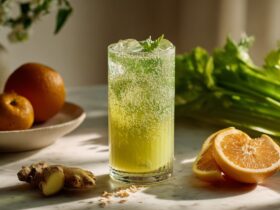 Fresh celery fruit juice recipe in a tall glass with ice celery stalks apple and orange on marble counter