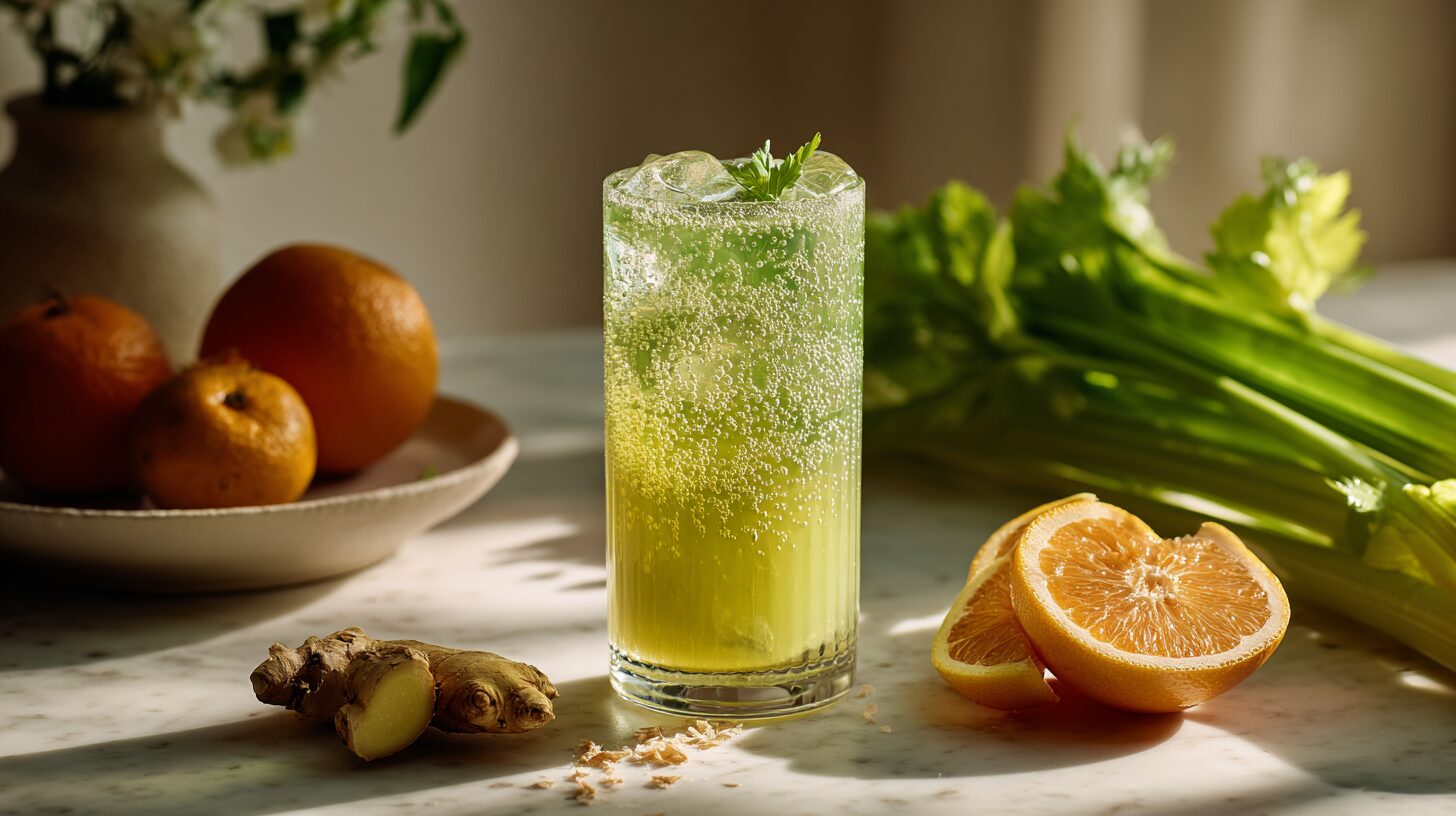 Fresh celery fruit juice recipe in a tall glass with ice celery stalks apple and orange on marble counter