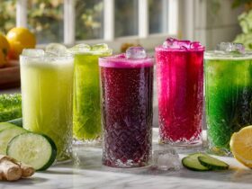 Six colorful juicing recipes for weight loss in tall glasses with fresh vegetables on marble counter