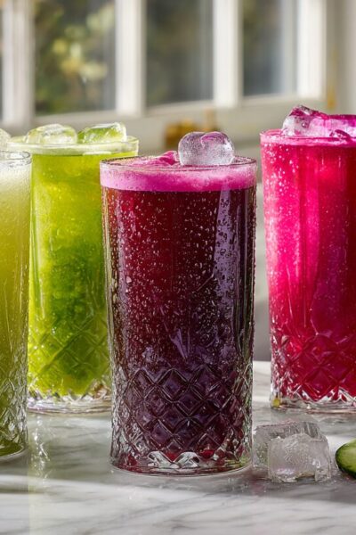 Six colorful juicing recipes for weight loss in tall glasses with fresh vegetables on marble counter
