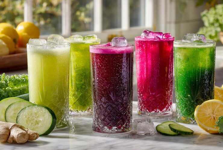 Six colorful juicing recipes for weight loss in tall glasses with fresh vegetables on marble counter