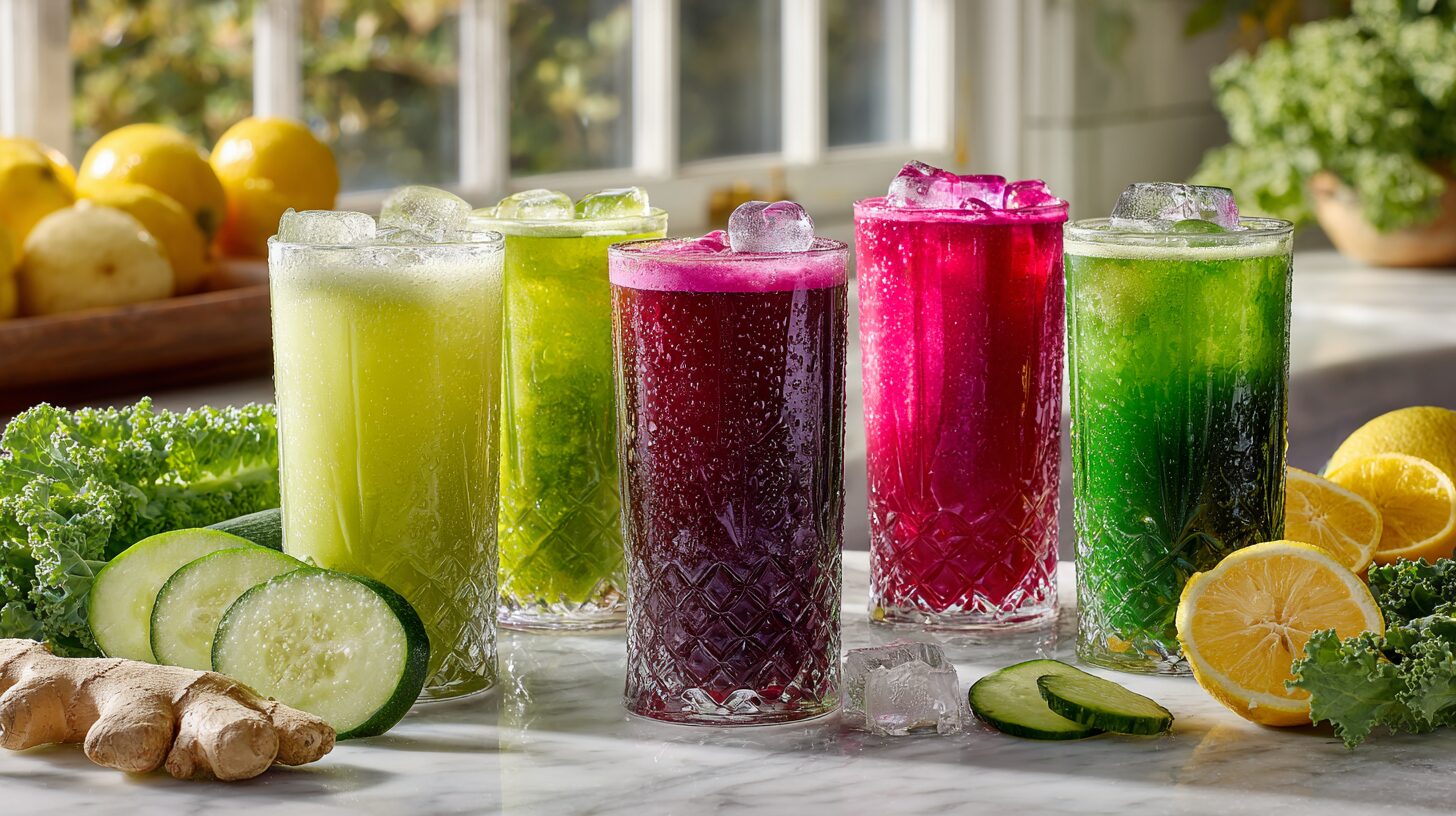 Six colorful juicing recipes for weight loss in tall glasses with fresh vegetables on marble counter