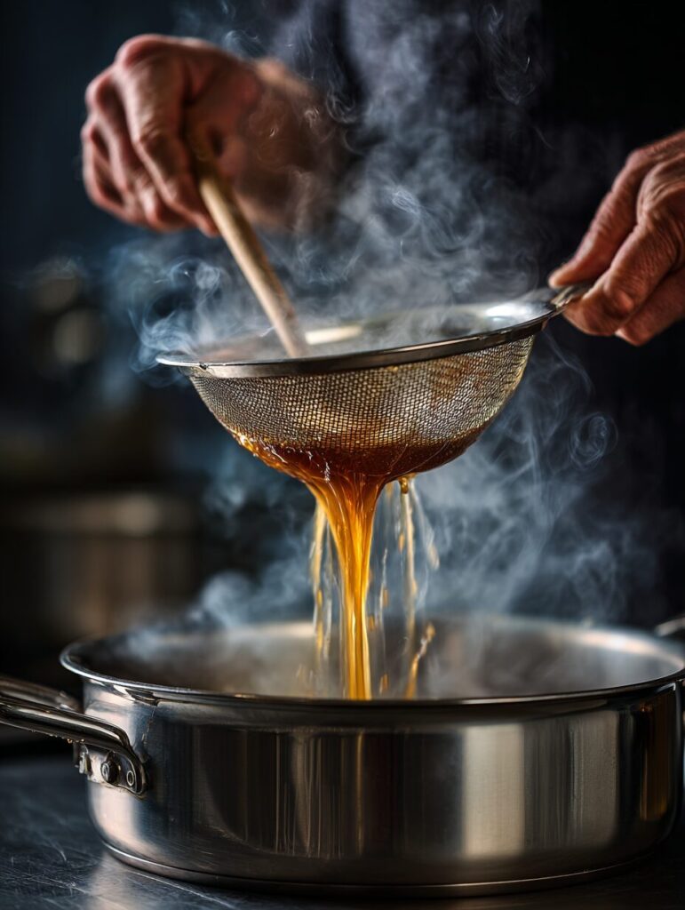 Straining golden chicken stock recipe through cheesecloth, hands mid-pour with steam rising