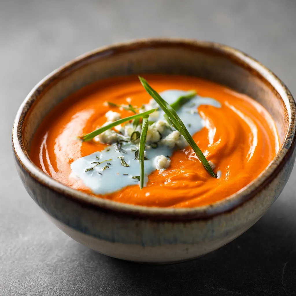 A hand dipping a crisp tortilla chip into a hot, cheesy bowl of buffalo chicken dip.