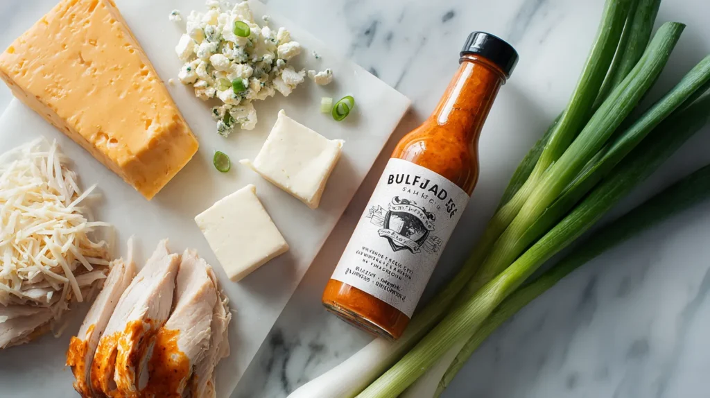 Flat lay of rotisserie chicken, cream cheese, cheddar, and hot sauce for making crock pot dips.