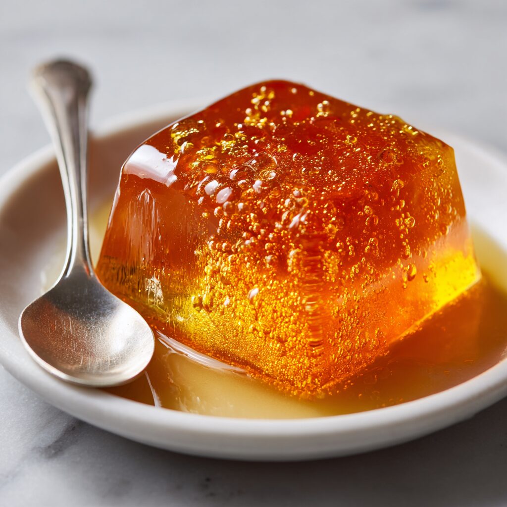 Macro close-up of chicken stock recipe gelled to firm golden gelatin, spoon pressing surface