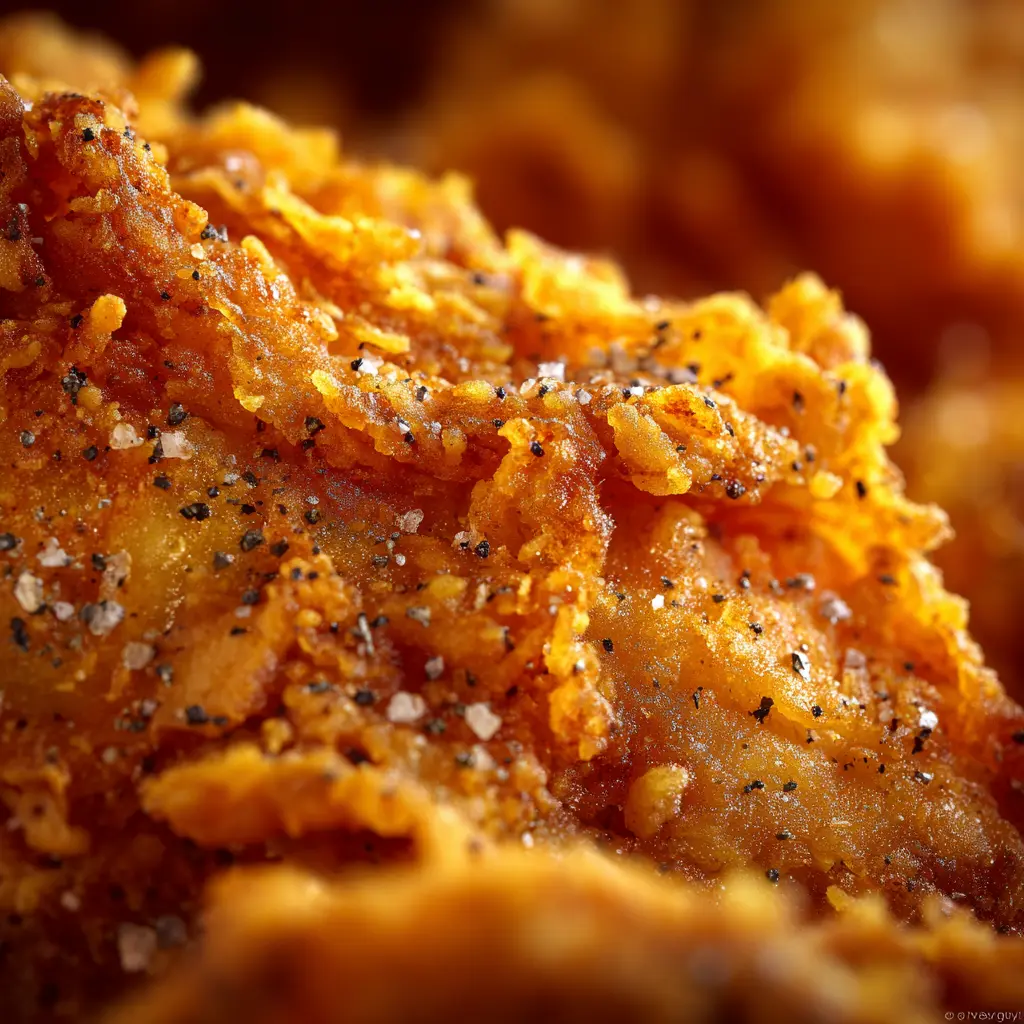 Extreme close-up of the crispy, flaky texture on the crust of reheated fried chicken. - how to reheat fried chicken