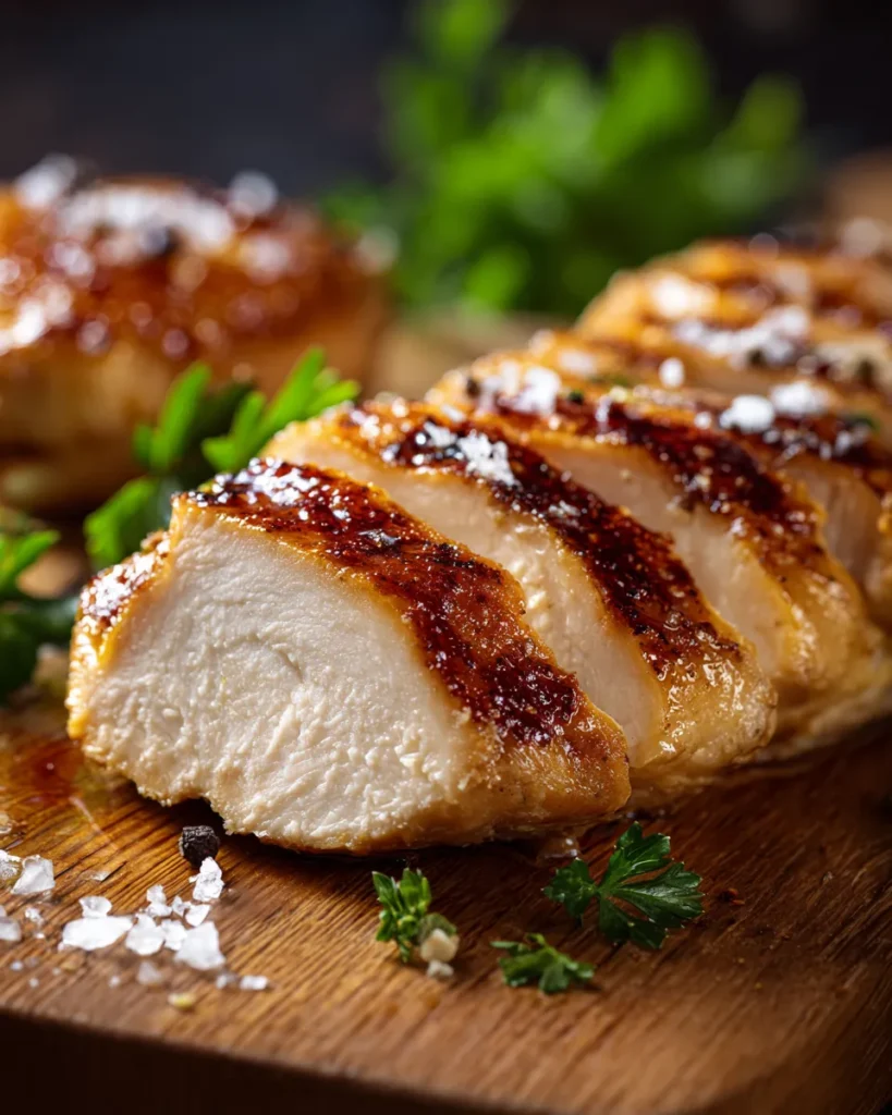 Extreme close-up of perfectly tender, juicy sliced boiled chicken breast on a cutting board, showing the delicious results of knowing exactly how long to boil chicken breast.