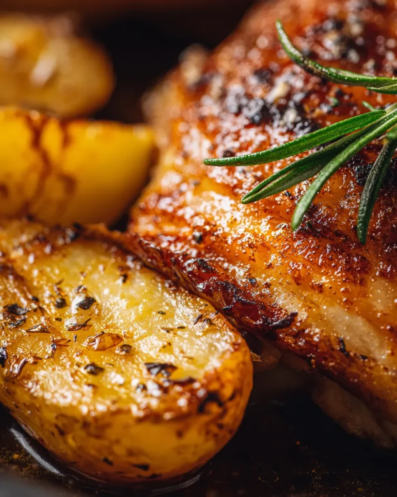 A beautiful rustic cast-iron skillet featuring golden-brown roasted chicken and crispy herb potatoes, representing the ultimate comfort food for hearty chicken and potato recipes.