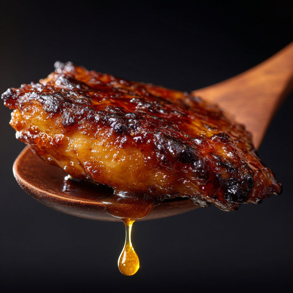 Extreme close-up of a glossy, glazed piece of chicken showing the sticky texture of the perfect bourbon chicken recipe.