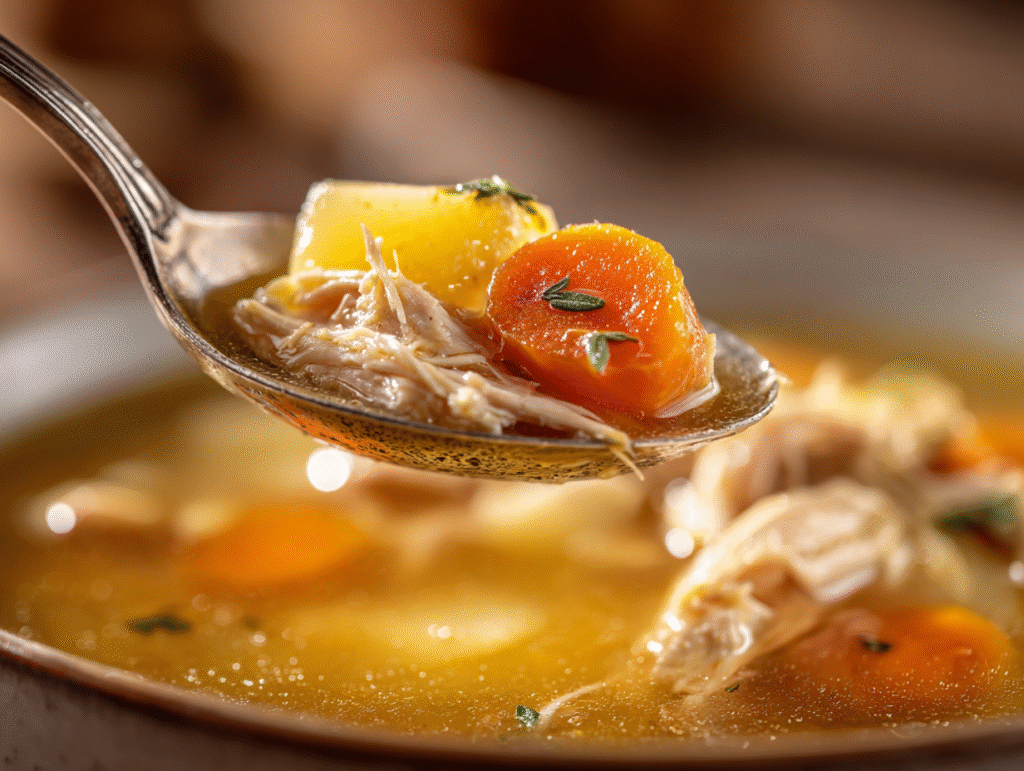 A warm family dinner table setting with a large pot of homemade chicken and potato soup serving as the centerpiece.
