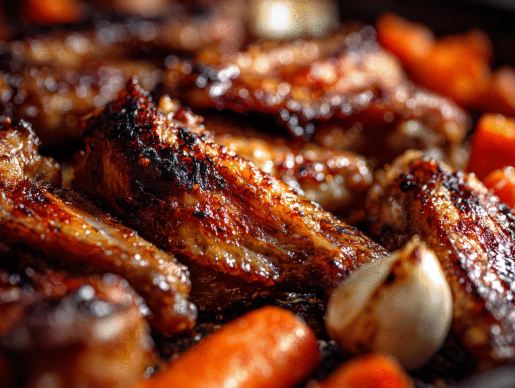 Close up of deeply roasted chicken wings, garlic, and carrots used as the flavorful base for a bone broth recipe chicken.