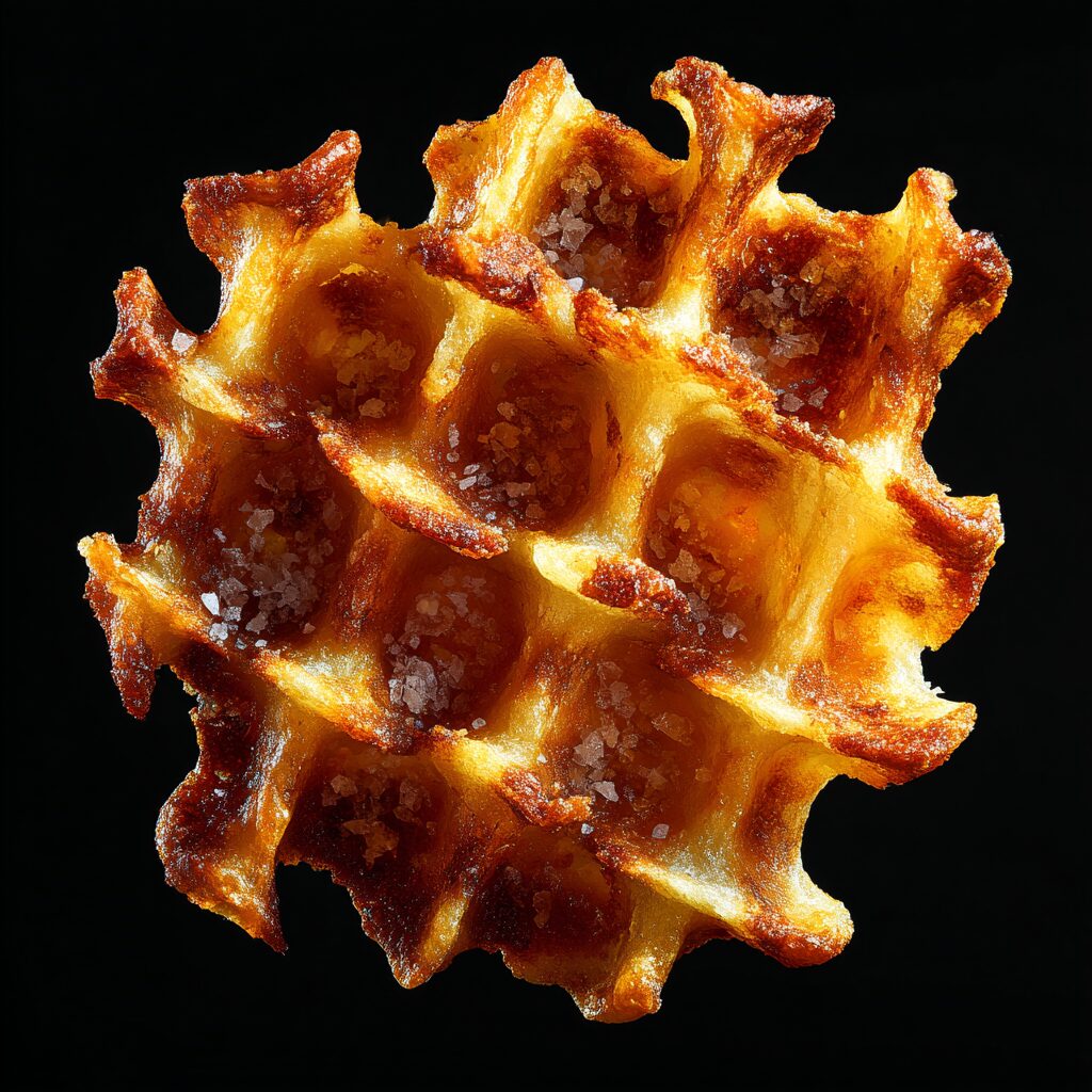 Extreme close-up of a crispy waffle fry showing the blistered texture from the double-fry peanut oil method.