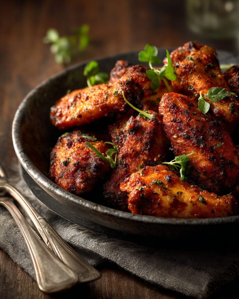 A bowl of freshly baked chicken wings in oven tossed in buffalo sauce, served with celery and blue cheese