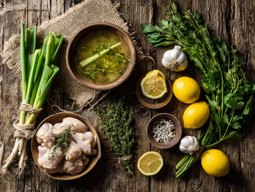 Raw ingredients for greek lemon chicken soup laid out on a table
