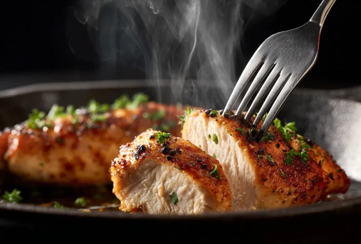 Two forks shredding warm cooked poultry inside a hot cast iron skillet. - how long does cooked chicken last in the fridge