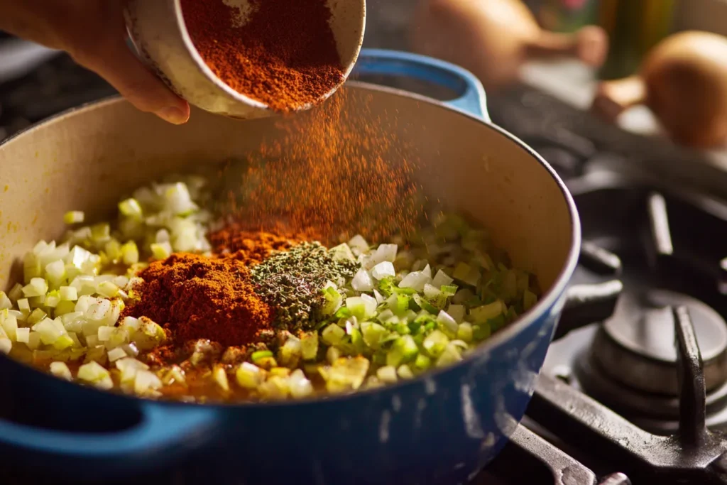 A close-up shot of a hand adding red chili spices and smoked paprika to sizzling onions and green jalapeños in a Dutch oven on a stovetop.