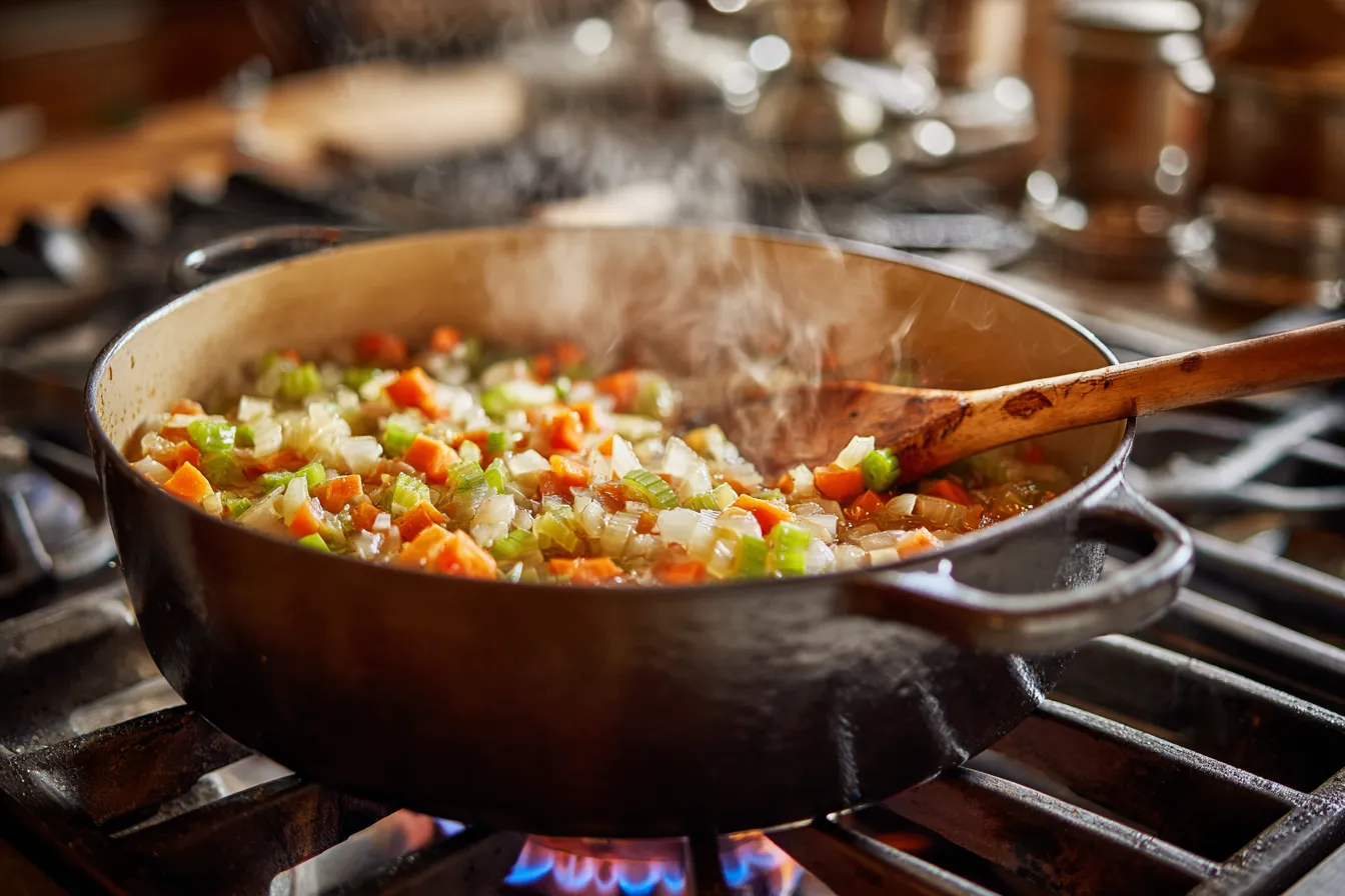 A close-up shot of chopped carrots, celery, and onions sizzling and browning in olive oil inside a large Dutch oven pot, being stirred by a wooden spoon.