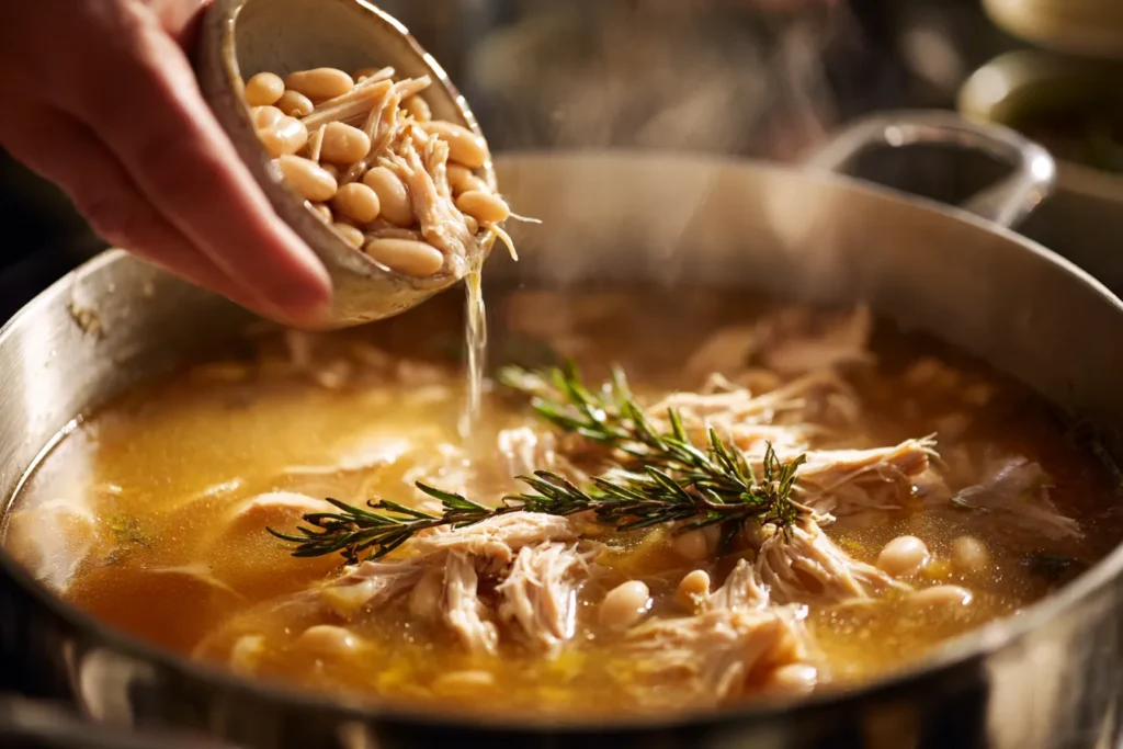 ooking down into a stainless steel pot of simmering chicken broth, with a hand adding shredded chicken and white beans into the pot, surrounded by steam and herbs.