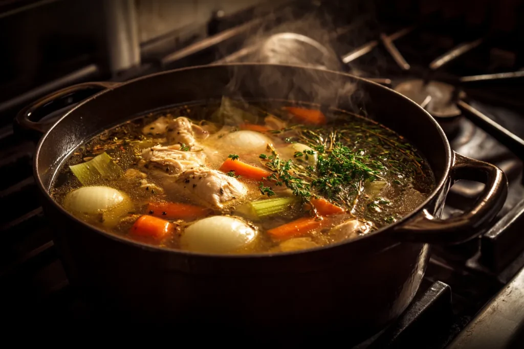 A close-up view looking into a large stockpot on a stovetop, showing chicken pieces, large vegetable chunks, herbs, and peppercorns simmering gently in clear golden broth with steam rising.