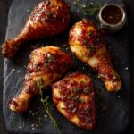 Four crispy golden oven-baked chicken legs on a slate board with thyme sprigs — how long to cook chicken legs in oven at 400°F