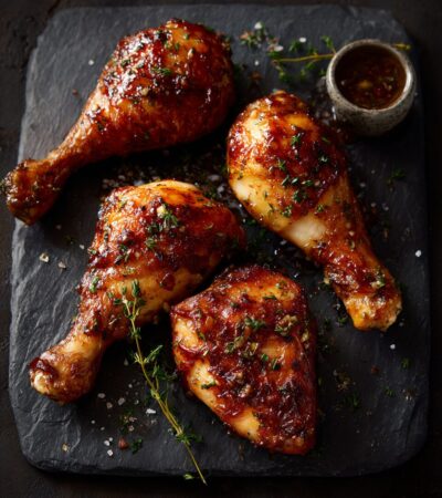 Four crispy golden oven-baked chicken legs on a slate board with thyme sprigs — how long to cook chicken legs in oven at 400°F