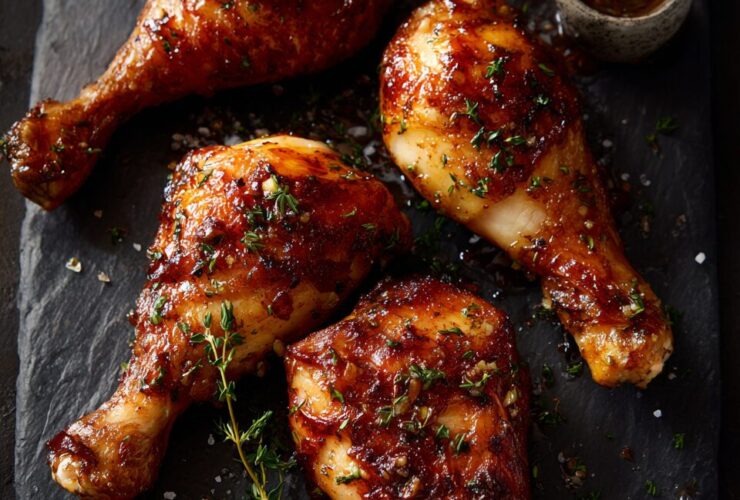 Four crispy golden oven-baked chicken legs on a slate board with thyme sprigs — how long to cook chicken legs in oven at 400°F