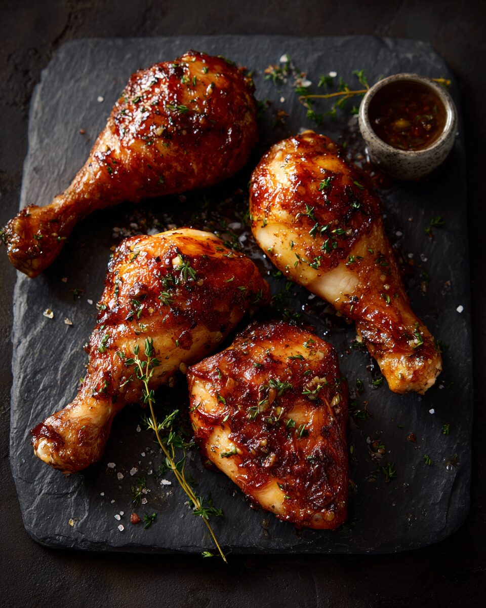 Four crispy golden oven-baked chicken legs on a slate board with thyme sprigs — how long to cook chicken legs in oven at 400°F