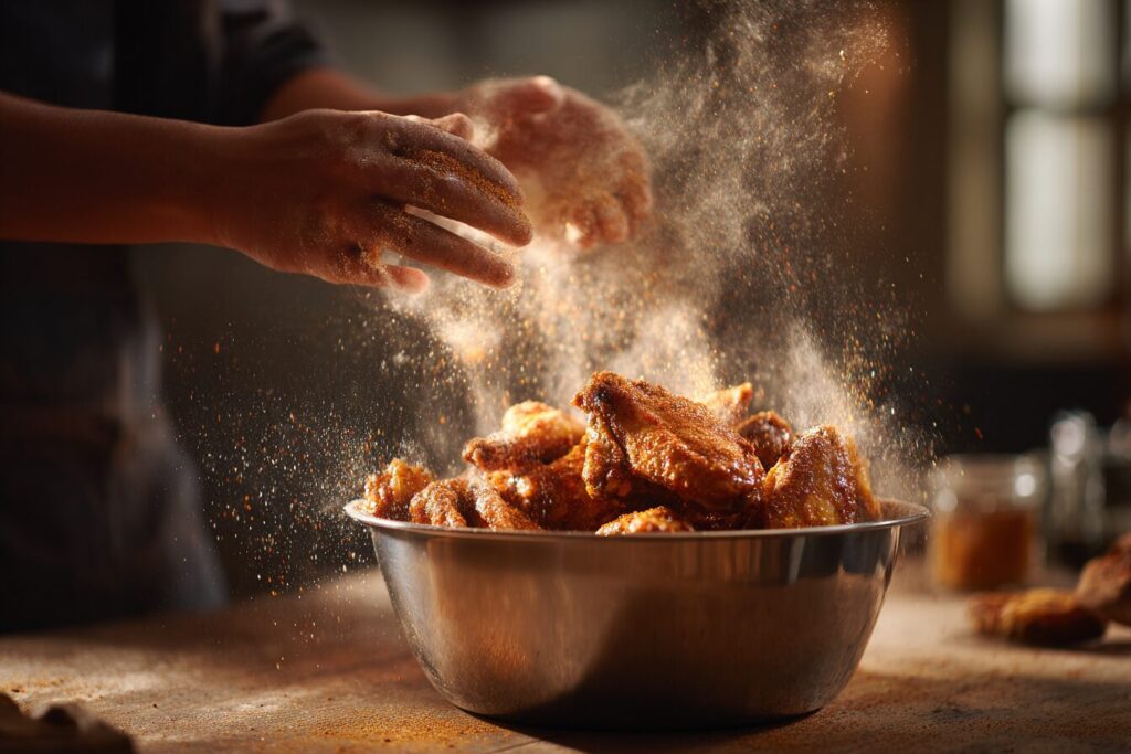 Hands tossing raw chicken in a bowl with spices to prep baked chicken wings in oven