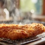 A freshly fried golden brown chicken cutlet recipe resting on a metal wire cooling rack with a highly textured panko crust.