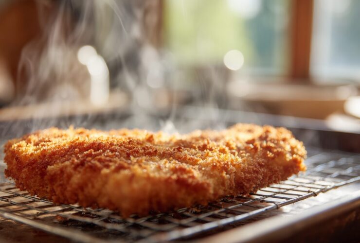 A freshly fried golden brown chicken cutlet recipe resting on a metal wire cooling rack with a highly textured panko crust.