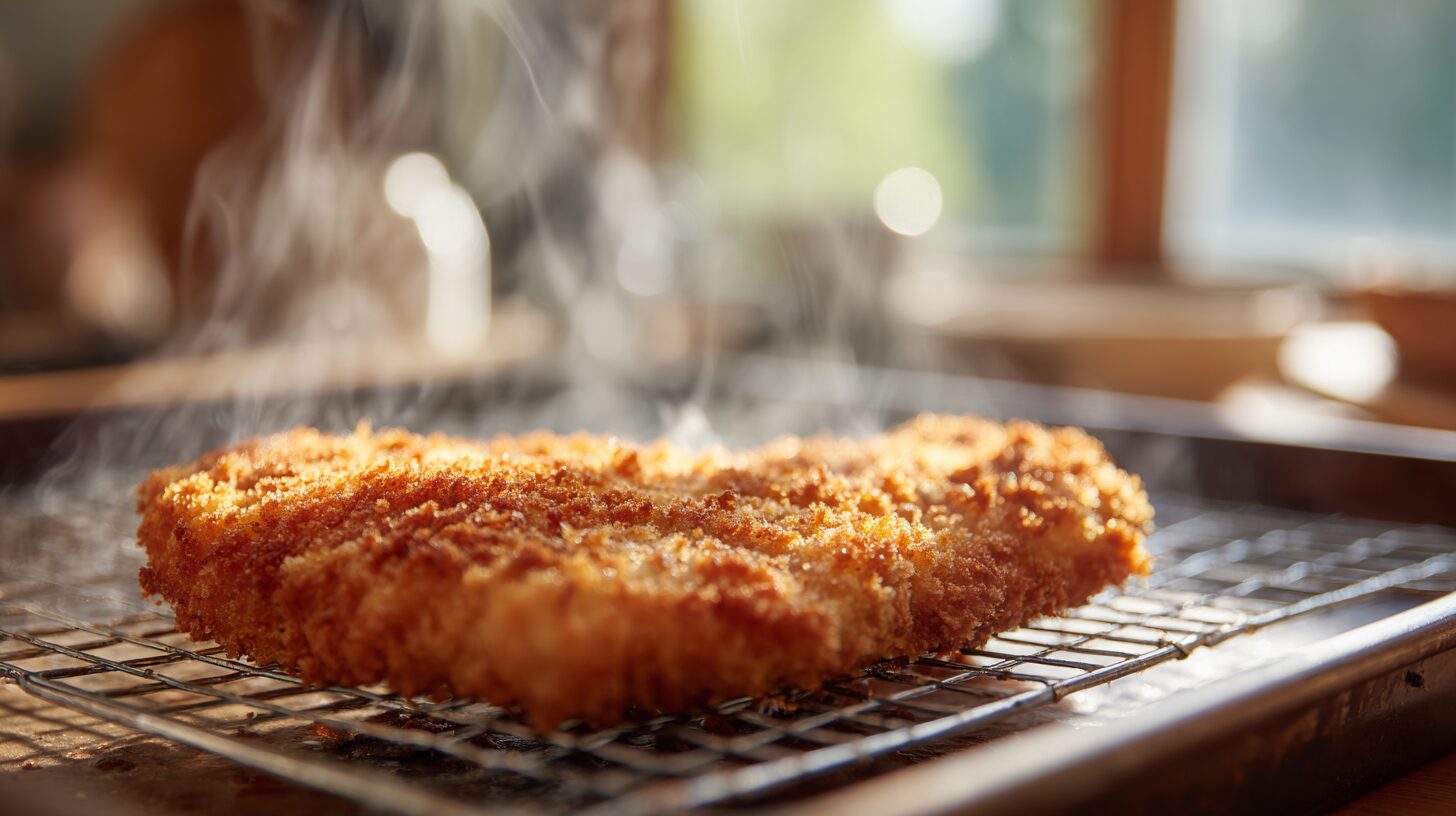 A freshly fried golden brown chicken cutlet recipe resting on a metal wire cooling rack with a highly textured panko crust.