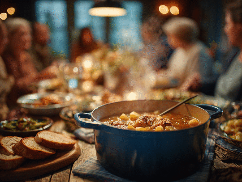 A close-up spoonful of tender potatoes, carrots, and chicken from a comforting bowl of chicken and potato soup.