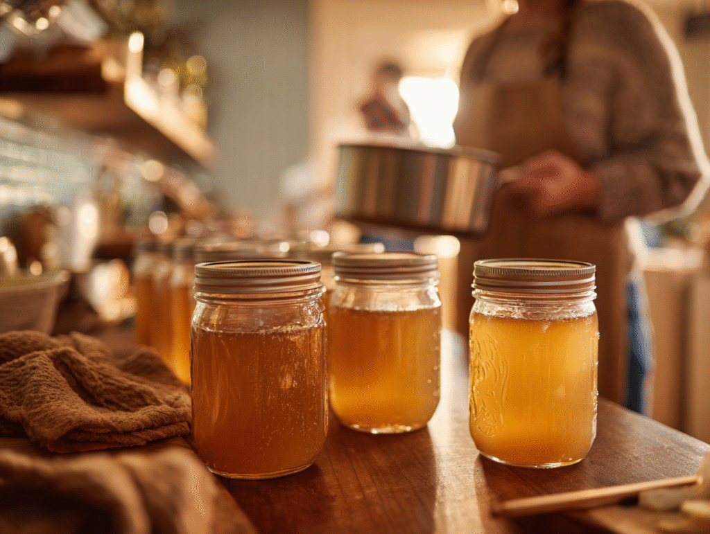 A bright kitchen setting showing glass mason jars safely storing freshly made, collagen-rich homemade chicken bone broth soup.