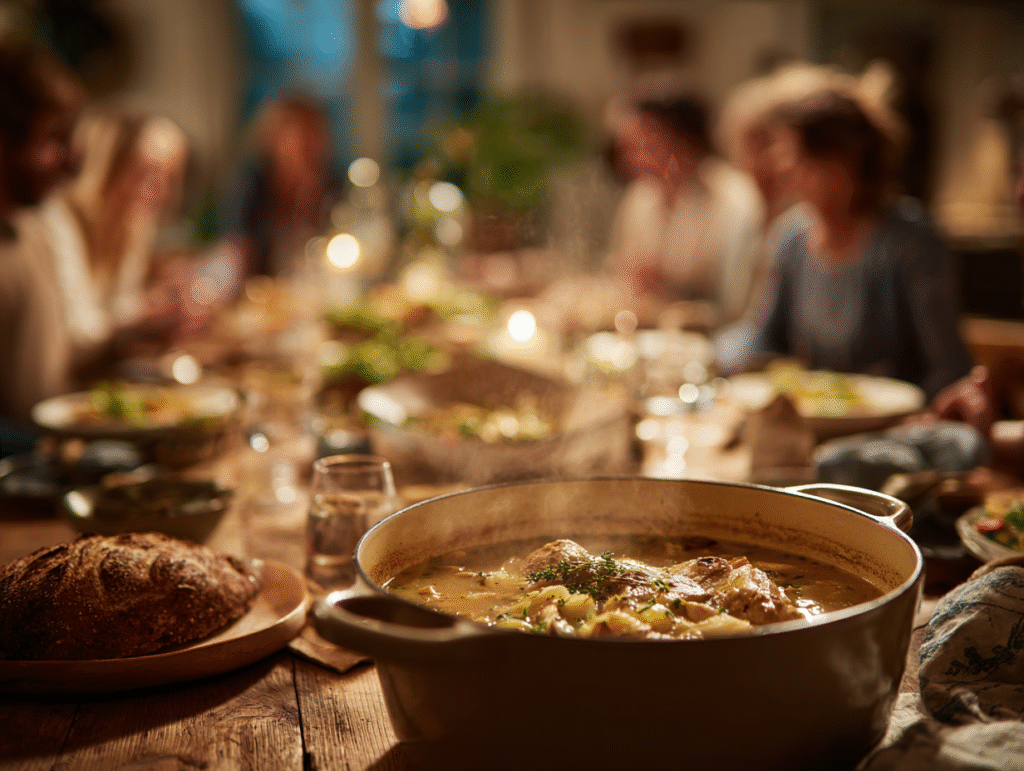 A cozy family dinner table featuring a steaming bowl of homemade panera chicken noodle soup in the foreground.